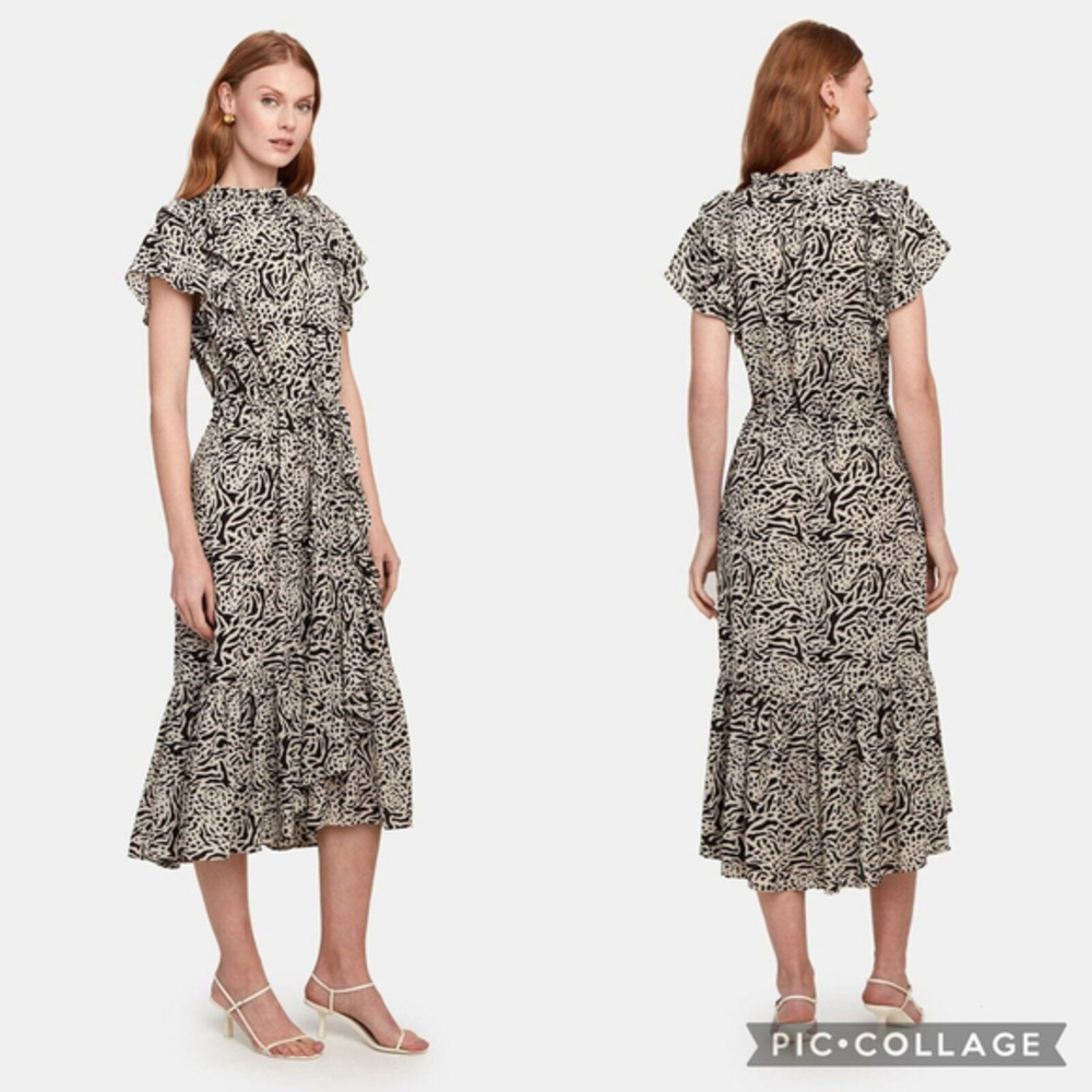 Munthe Ernie Flounce Ruffle Midi Dress in Sand Tan and Black Print Size 38 US‎ 6